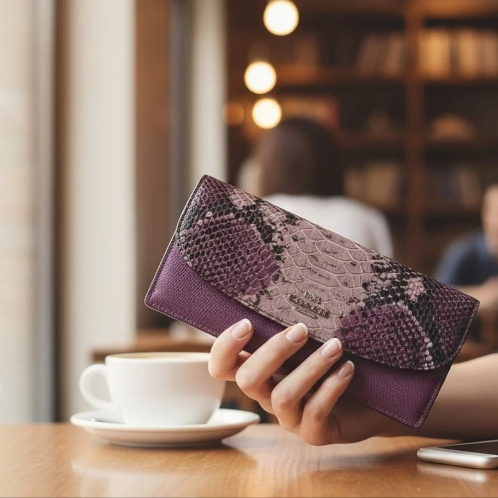 COACH Python Embossed Leather Continental Long Wallet Plum Purple Exotic Flap - Picture 2 of 14